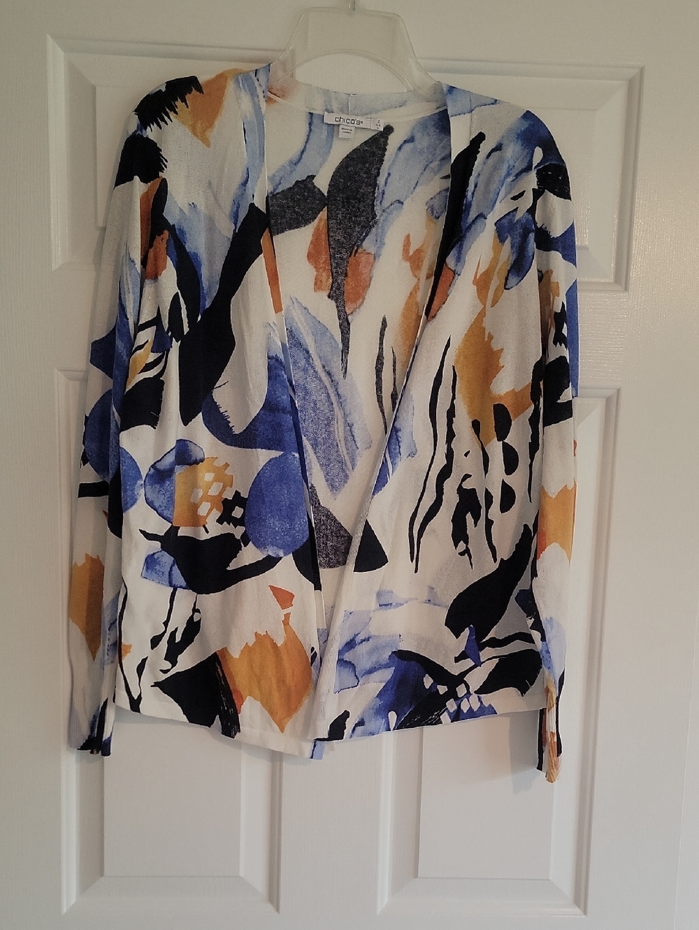Chico's Open-Front Abstract Print Cardigan in White, Blue & Tan, Size 2 (L)